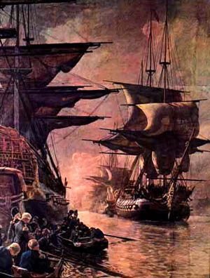 Englænderne sejler med den erobrede danske flåde den 21.oktober 1807.